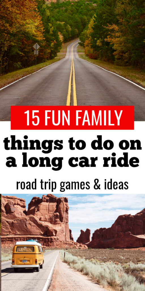 Grab this list of 15 fun things to do  on a road trip like fun games to play in the car, things to do for a family drive, and games to play on vacation driving! 