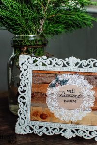 Free Wi-Fi password printable for the holidays. Use an old frame with a chalky paint update to display your internet password for guests.