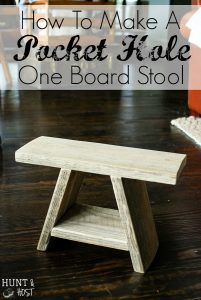 How to make a pocket hole tutorial perfect for this one board stool. We use these handy stools as extra seating around our coffee turned game table for a mean match of Mexican Train!