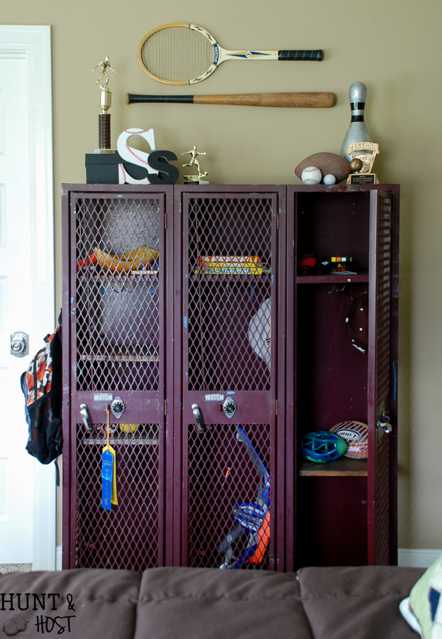 Old school lockers or gym lockers make great storage but you can add more. Here is an easy way to add extra storage to these vintage lockers. Perfect for a boy's room, laundry room or kid's storage.