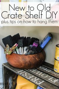 New crates get an old makeover with stain and stencils. Great for extra storage and organizing see an easy tip on how to hang crates without damaging them while still having them sturdy and straight.