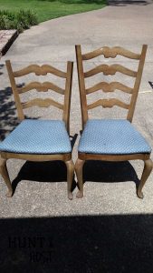 These chairs matched at one time, but one got cut down. This makeover gets them back to matching and adds height with finials. Coffee bean sack fabric is perfect for the new seat cushion.