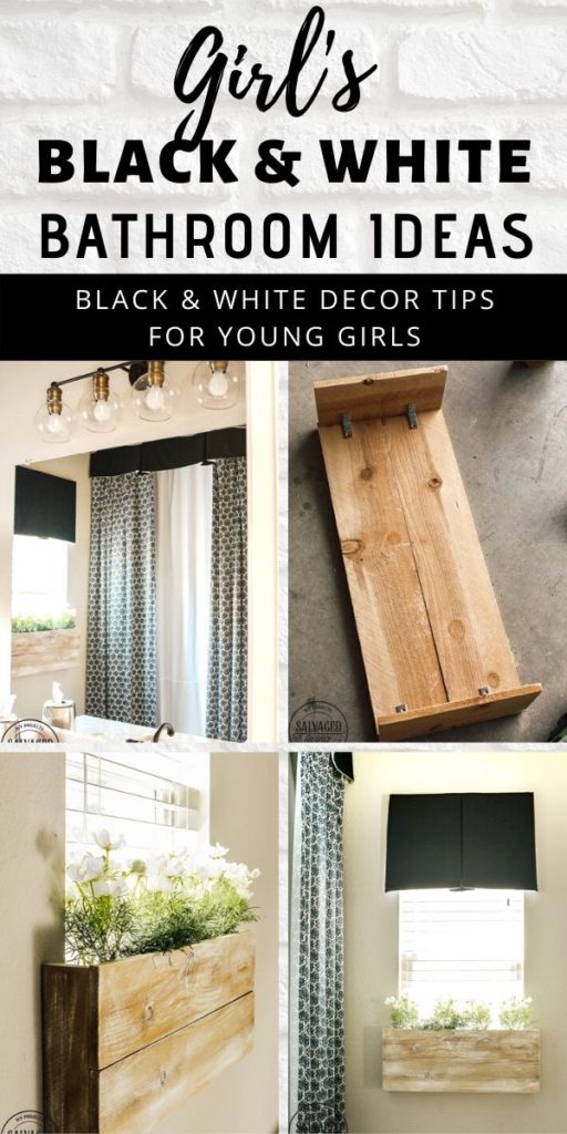 cute ideas for a girl's bathroom in black and white. Try an indoor window box, floor to ceiling shower curtain and black and white theme for a teen girl's bathroom makeover! #bathroommakeover #blackandwhitedecor #teendecoratingidea