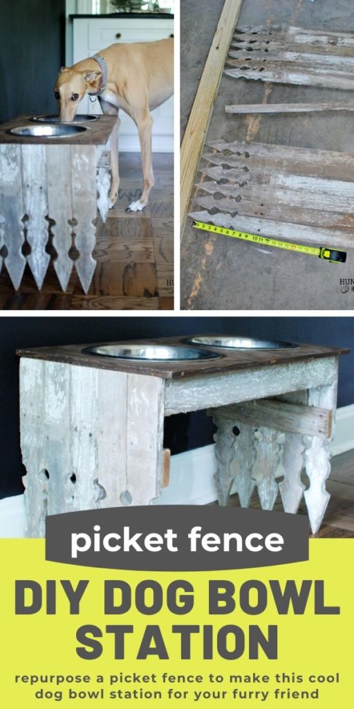 An upcycled dog feeding station is a great way to make your dog accessories stylish for your home. A cute dog bowl idea that will complement your decor not clash with it! #dogaccessory #dogbowlidea #petcraftidea 