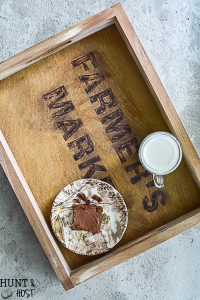 This is not your average stencil project! Try something besides paint! This branded stencil looks like an old time brand. DIY branded farmhousetray.