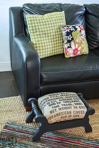 This is the cutest makeover! A cheap garage sale stool covered in coffee sack burlap - love it!