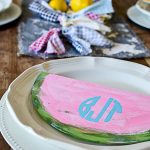 How cute is this lemon & watermelon summer tablescape? What a great summer decorating idea, especially with the DIY monogram for the kiddos! love the houndstooth garland and faux lemon tree arrangement.