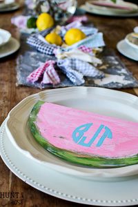 How cute is this lemon & watermelon summer tablescape? What a great summer decorating idea, especially with the DIY monogram for the kiddos! love the houndstooth garland and faux lemon tree arrangement.