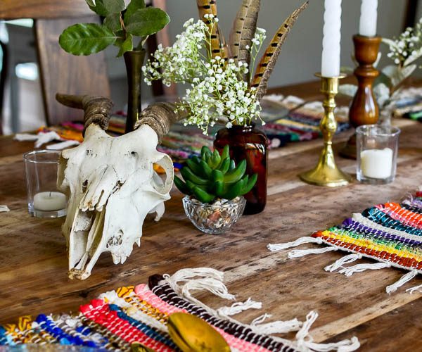 Boho table setting. Yes you can get awesome Boho décor on the cheap. Look at this cute table full of dollar store fall decorating accessories.