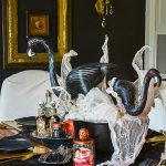 Halloween has gone glam! This crazy lady scientist glam Halloween table setting is so fun, full of fantastic Halloween decorating ideas and Halloween DIY. Featuring zombie flamingos being concocted! Plus Cost Plus World Market Halloween photo contest information.