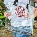 An inexpensive dollar store tote bag gets a cute makeover with a personalized monogram, perfect for summer gift or football game clear tote bag! You will look great by the pool or beach with this clear bag!