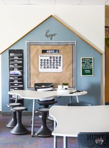 The cutest farmhouse classroom you ever saw. Visit this school room inspired by Magnolia Market and Joanna Gaines. It will have you wanting to pack a lunch and go back to school with it's fresh black and white decor and trendy farmhouse vibe. #farmhouseclassroom #farmhouseclassroomtheme #bulletinboard #farmhouseschool