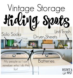See how vintage storage ideas can add charm and organization to your laundry room. PLUS vintage storage solutions are budget friendly! Love the outdated box that got a makeover with an old sewing pattern. #laundryroomorganization #storagesolutions #budgetstorage #vintagedecorideas