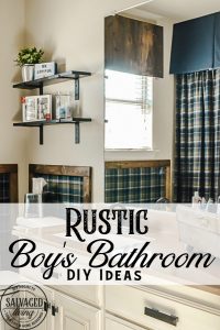 Decorating ideas for a small rustic bathroom. Perfect for a bunch ob boys and a casual cabin bathroom decor. With easy DIY open shelving and faux wall panels, there are some great bathroom decorating ideas here. #rusticbathroom #smallspaceideas #boysbathroom #fauxwallpaper #openshelving #shelfbrackets #DIYstorage #plaidwalls #rusticbathroomcolors #simpleideas