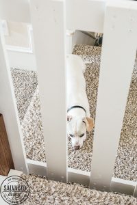 How to build a stylish stairway gate to keep pets or kids out! This easy DIY gate tutorial will look great and blend with your traditional decor. We keep our dog off the carpet with this pet gate. #petgate #stairgate #childproof #DIYpet #cleancarpet #doggate #petgatediy #petgateforstairs