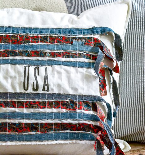 This decorative DIY patriotic pillow cover is perfect for your summer decor, plus it's perfect for a quick seasonal pillow change on a budget. #easyDIYpillows #decorativepillows #fourthofjulypillow #4thofjulydecorations #scrapfabricproject #patrioticdecor