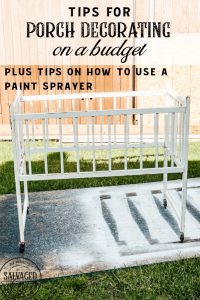 Here are some easy tips for porch decorating on a budget. You will gets great ideas for your patio decor. Learn how to paint furniture with a sprayer with these helpful DIY furniture painting tips. A great way to update your patio furniture with paint. #paintsprayerDIY #DIYfurniturepaint #patiomakeover #porchedecorideas #thriftstoremakeover #howtotips