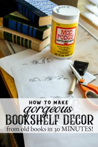 How to make gorgeous bookshelf decor in 30 minutes from old books. This book spine art project will have you making beautiful DIY home decor quick and easy. Book spine art is so easy and versatile. #bookupcycle #decorativebooks #bookshelfdecorating #DIYdecortutorial #vintageart #readersdigest #upcycle #repurpose
