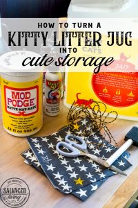 Have a plastic jug you want to recycle for storage? This easy kitty litter jug upcycle makes for cute storage in minutes. A great craft idea for kids , your craft room or pantry! #plasticjug #upcycle #organizationidea #easystorage #cutestorage #napkindecoupage #modpodge