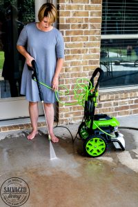 vGrab great tips for power washing your concrete patio and getting rid of the paint, stain and dirt stains on your concrete. #pressurewasher #powerwash #cleaningtips #cleanconcrete #springcleaningtips