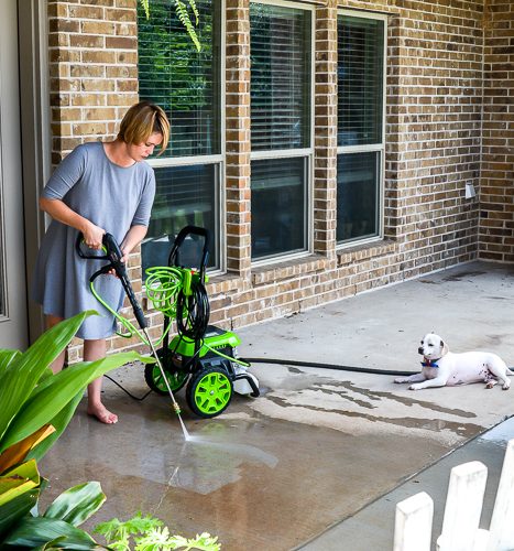 Grab great tips for power washing your concrete patio and getting rid of the paint, stain and dirt stains on your concrete. #pressurewasher #powerwash #cleaningtips #cleanconcrete #springcleaningtips