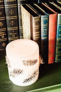 Looking for a fun and easy heat tool project idea? This decorative candle DIY is a beautiful candle centerpiece for home. If you have a heat tool and are looking for a great heat gun idea you need to check this out! #heattool #heatguntips #heattoolideas #heatgunuses #candledecor #centerpieceideas #tablescape #coffeetabledecor