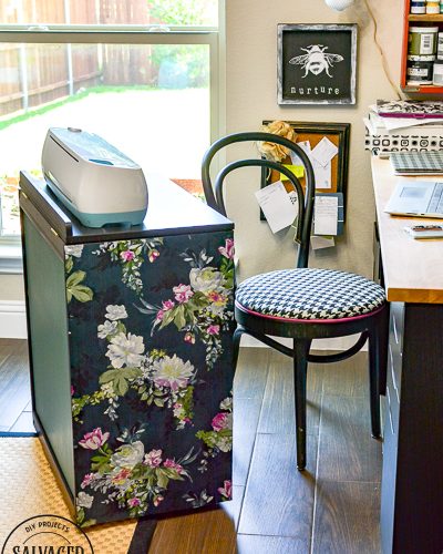 How to dress up your painted furniture with florals. Floral furniture is a beautiful trend right now and this DIY floral application is quick and easy. I'll walk you through how to update your own vintage furniture with a fun floral accent. This craft cart is sure to give you inspiration. #diypaintedfurniture #floralfurniture #beforeandafter #updatefurnitureideas #paintsprayer #paintsprayerprojects