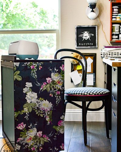 How to dress up your painted furniture with florals. Floral furniture is a beautiful trend right now and this DIY floral application is quick and easy. I'll walk you through how to update your own vintage furniture with a fun floral accent. This craft cart is sure to give you inspiration. #diypaintedfurniture #floralfurniture #beforeandafter #updatefurnitureideas #paintsprayer #paintsprayerprojects