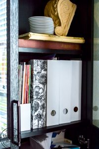 This IKEA hack will show you how to update an IKEA magazine holder into gorgeous storage for your home or office on a tight budget. Pretty organization quick and easy! #ikeahack #kiea #organzation #budgetdecor #budgetorganization #officedecor #homestorage #decoupageideas