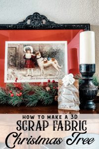 How to make a 3D scrap fabric Christmas Tree Craft. This idea is also a great scrap wood project for winter home decor. An easy craft to make a ton of for your Christmas table, holiday decor or a great teacher gift! #scrapfabricproject #giftidea #DIYholidaydecor