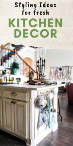 Get styling ideas for your kitchen with this wood peg rack decorating idea. This inexpensive coat rack adds so much to this kitchen with a mix of vintage farmhouse style and modern typography. You can decorate your kitchen with small vignettes filled with kitchen decor you love. The perfect way to add some style to your kitchen decor. #kitchendecoridea #vintagestyle #stylingideas #cozykitchen