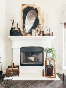 Watch this video on how to DIY paint feathers for fall using cardboard as your canvas. Get inspiring fall mantel decor ideas with this rustic fall look full of nature...feathers and Pampas Grass! #autumndecoridea #naturemantel #rusticstyleideas #modernvintagefall
