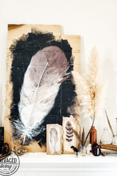 Watch this video on how to DIY paint feathers for fall using cardboard as your canvas. Get inspiring fall mantel decor ideas with this rustic fall look full of nature...feathers and Pampas Grass! #autumndecoridea #naturemantel #rusticstyleideas #modernvintagefall