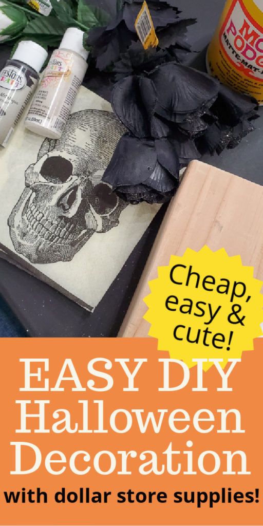 Easy DIY Halloween decor idea that you can craft in minutes. Use this DIY Halloween home decor as a candlestick, shelf sitter, Halloween vignette or table decor idea. Dollar store supplies are perfect for this Halloween idea to make budget friendly Halloween home decorating! #halloweencraft #Halloweenvignette #dollarstorehalloween