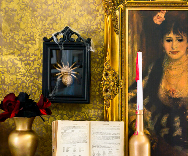 welcome to the Haunted Midas Mansion. These easy DIY Halloween mantel decoration ideas will inspire you to create an elegant Halloween home decor aesthetic that is a little bit vintage, kind of spooky and tons of fun. #indoorHalloween #Halloweendecorating #goldHalloweendecor