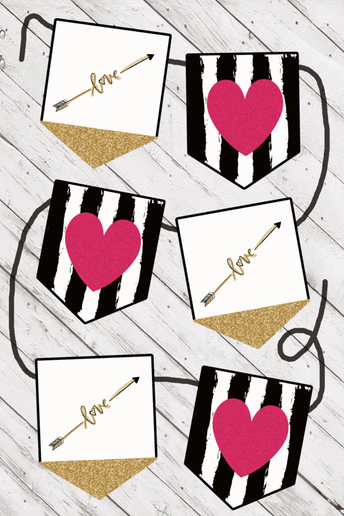 How to make cute printable Valentine's Day decor like this printable Valentine's Day banner, this Valentine garland is great for your black and white and gold Valentine's color scheme. Get printable art, cards, crafts and banner pieces in this Valentine's Day printable bundle pack. #Valentinesdayprints #valentinesdaycraft #valentinesdaydecoratinideas