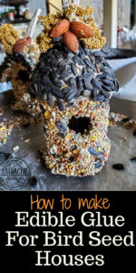This edible glue is easy to make and use to decorate bird seed birdhouses or bundt pan suets. Make beautiful yard art that the birds will love and make your yard a wildlife wonderland! #birdfeeder #decorativebirdhouse #feedthebirds