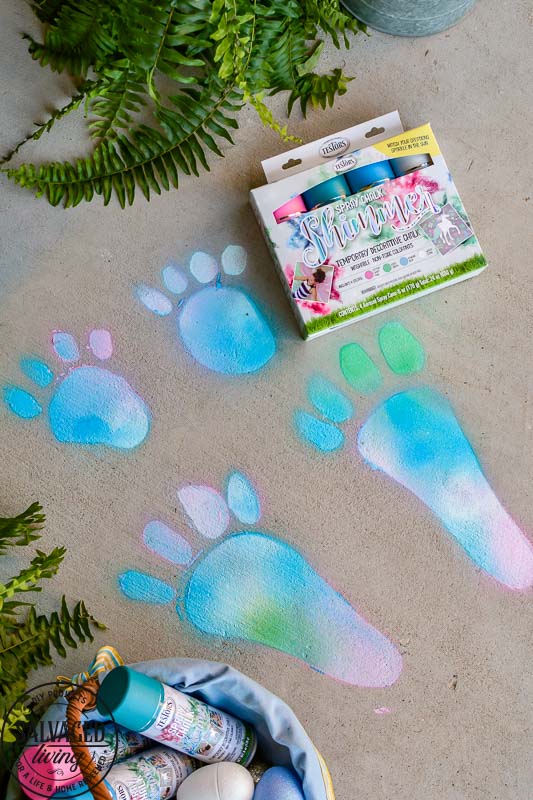 Make DIY Easter Bunny tracks your friends and family will love for your Easter decorating. These are perfect proof that Peter Rabbit hopped on by this Easter. Testors Spray Chalk is perfect to create a washable bunny trail. Use this spray chalk on concrete, snow, glass, dirt, vinyl siding, asphalt, pavers and more. Rinse off with water and enjoy a creative and colorful Easter outdoors! #spraychalk #testors #testorsspraychalk #easter #easterbunny #eastersunday #happyeaster #sponsored