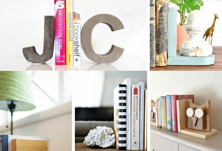 collage of 7 diy bookend projects with text overlay