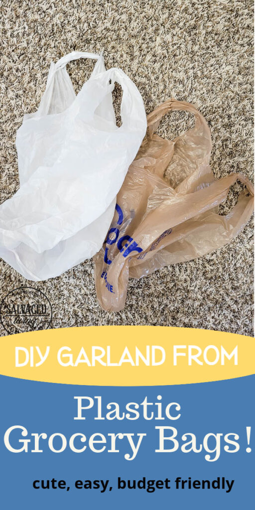 Learn how to make adorable garland from plastic grocery bags you get at the grocery store. his budget friendly DIY idea is perfect for decorating your mantel. #garland #plasticbagcraft #upcycle #budgetdecorideas