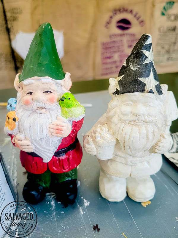 Dollar Store Gnome Makeover before and after