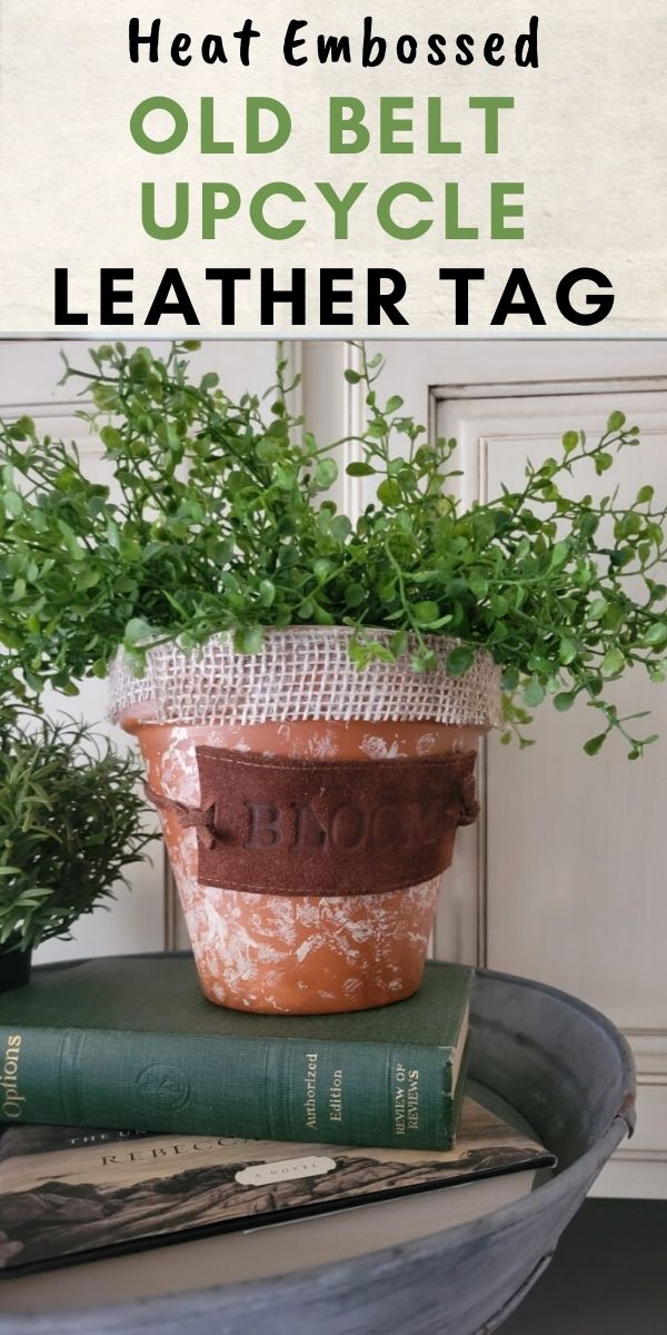 terra cotta pot with old belt upcycle leather tag