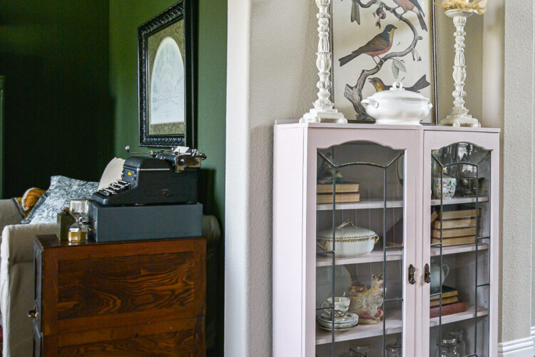 An old antique cabinet gets a transformation makeover with ease, Rust-Oleum's Chalk Finish Spray Paint in Blush Pink adds a soft and sweet touch to my home! See how easy this furniture makeover is with this easy to use spray chalk paint, it makes furniture painting a breeze. #rustoleum #rustoleumimagine #chalkspray #upcycled #upcycledfurniture #sponsored