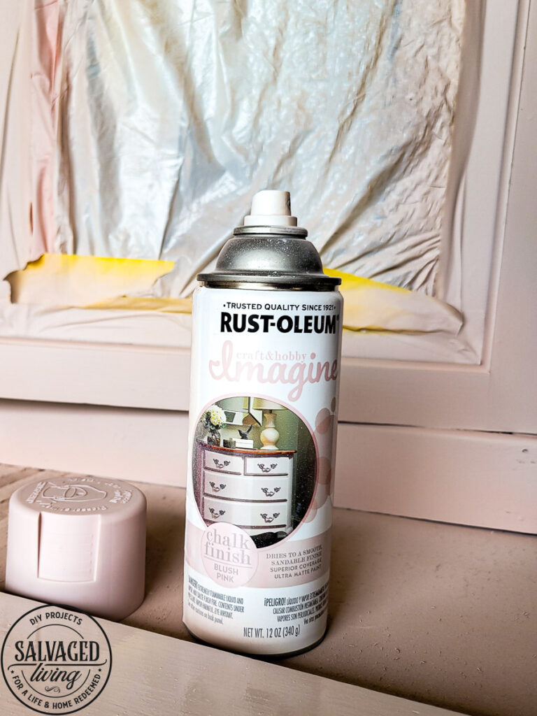 An old antique cabinet gets a transformation makeover with ease, Rust-Oleum's Chalk Finish Spray Paint in Blush Pink adds a soft and sweet touch to my home! See how easy this furniture makeover is with this easy to use spray chalk paint, it makes furniture painting a breeze. #rustoleum #rustoleumimagine #chalkspray #upcycled #upcycledfurniture #sponsored