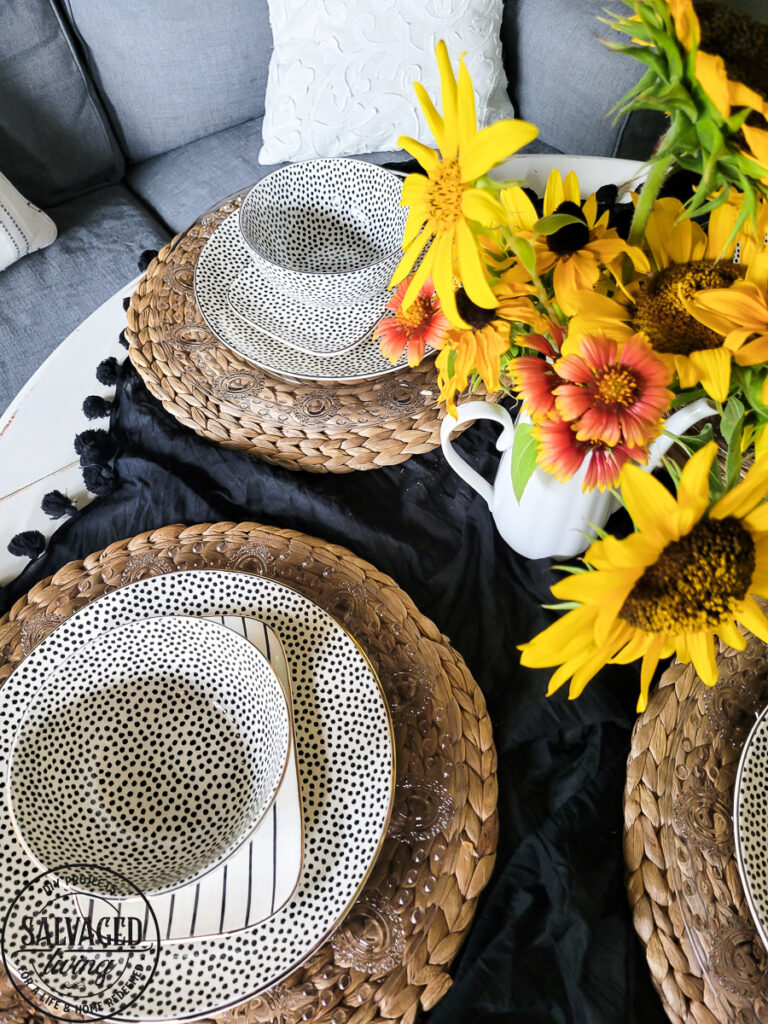 I got new dishes at Wal-Mart. It was time to freshen up after my divorce and throw out the old plates that were a wedding gift 20 years ago. I love these fun spunky new dishes for our everyday wear. Not to mention they are so affordable! #walmartfind #tableware #placesetting #newdishes #tablescape 