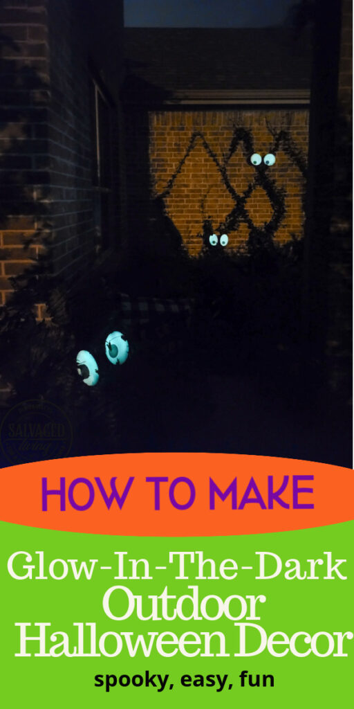 Create a spooky porch for Halloween with DIY glow-in-the-dark outdoor Halloween decor. Perfect for your plants and yard, these glow in the dark eyes bring your outdoor decorating to life! #rustoleum #rustoleumimagine #glowinthedark #halloween #halloweendecor #sponsored #outdoordecor #DIYHalloweencraft
