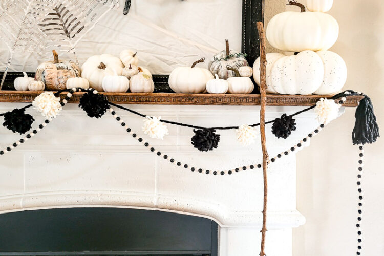 Three Halloween craft ideas to bring your Halloween mantel to life on a budget. These Halloween decor ideas are perfect for the crafty, budget friendly decorator to have a neautral farmhouse style Halloween decor that won't break the bank! Make a paper spider web, newspaper pumpkins and a precious witch's broom. #halloweenDIY #budgetHalloween #Halloweenpapercrafts