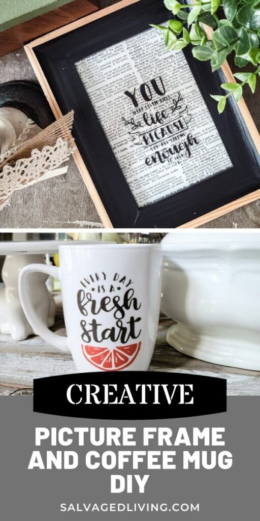 picture frame and coffee mug pin collage with text overlay