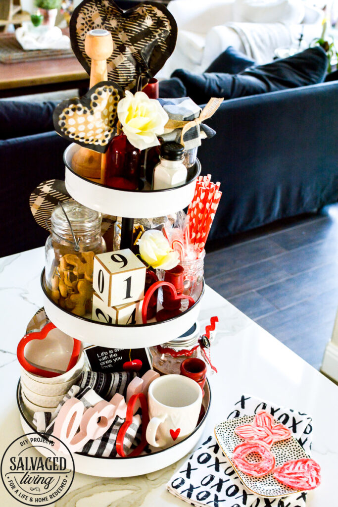 Valentine's Day hot chocolate tiered tray - the perfect transitional decor from Christmas to Spring. Enjoy your kiddos and decorate for Valentine's Day with these fun and easy tiered tray decorating ideas! #valentinesdaydecor #tieredtrayideas #hotchocolatetray