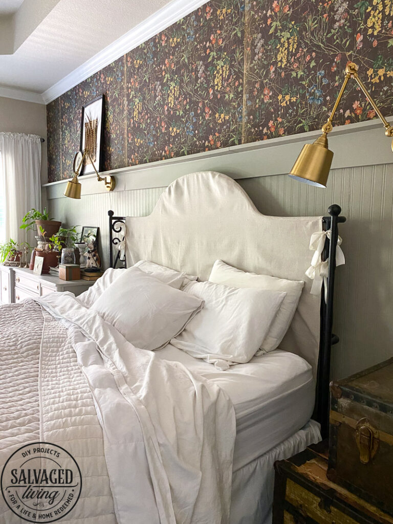 Headboard makeover idea that is not permanent and easy to do for wrought iron headboards you want to add a soft touch too. Perfect for cozy farmhouse feeling bedroom you can do this easy update with drop cloth for your headboard makeover. #DIYbedroomdecor #dropclothproject #headboardmakeoveridea